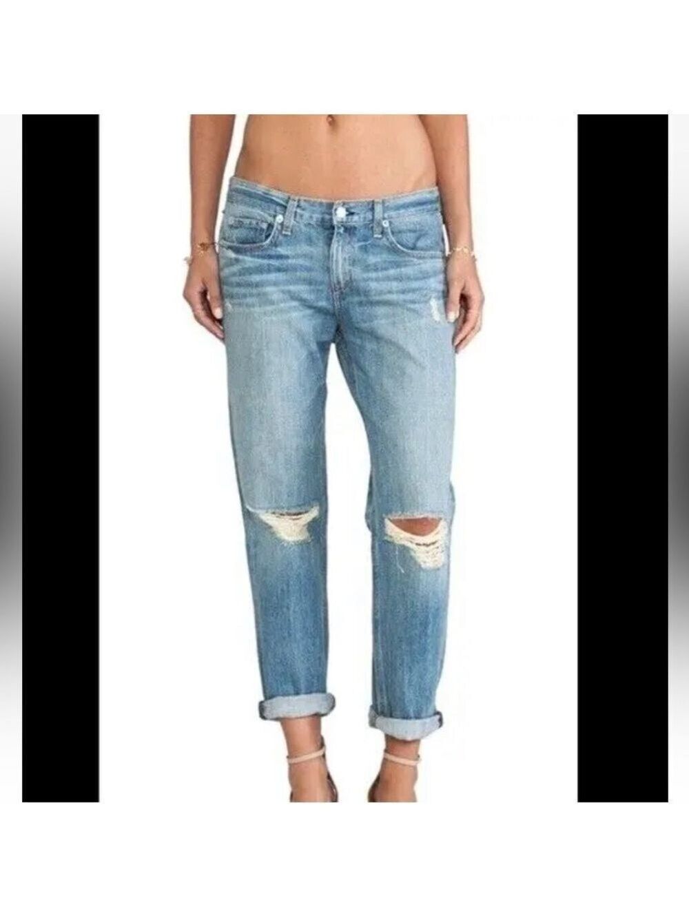 Rag & Bone Boyfriend Jeans Distressed In Moss With Holes Sz 25 (Meas. 30x27)